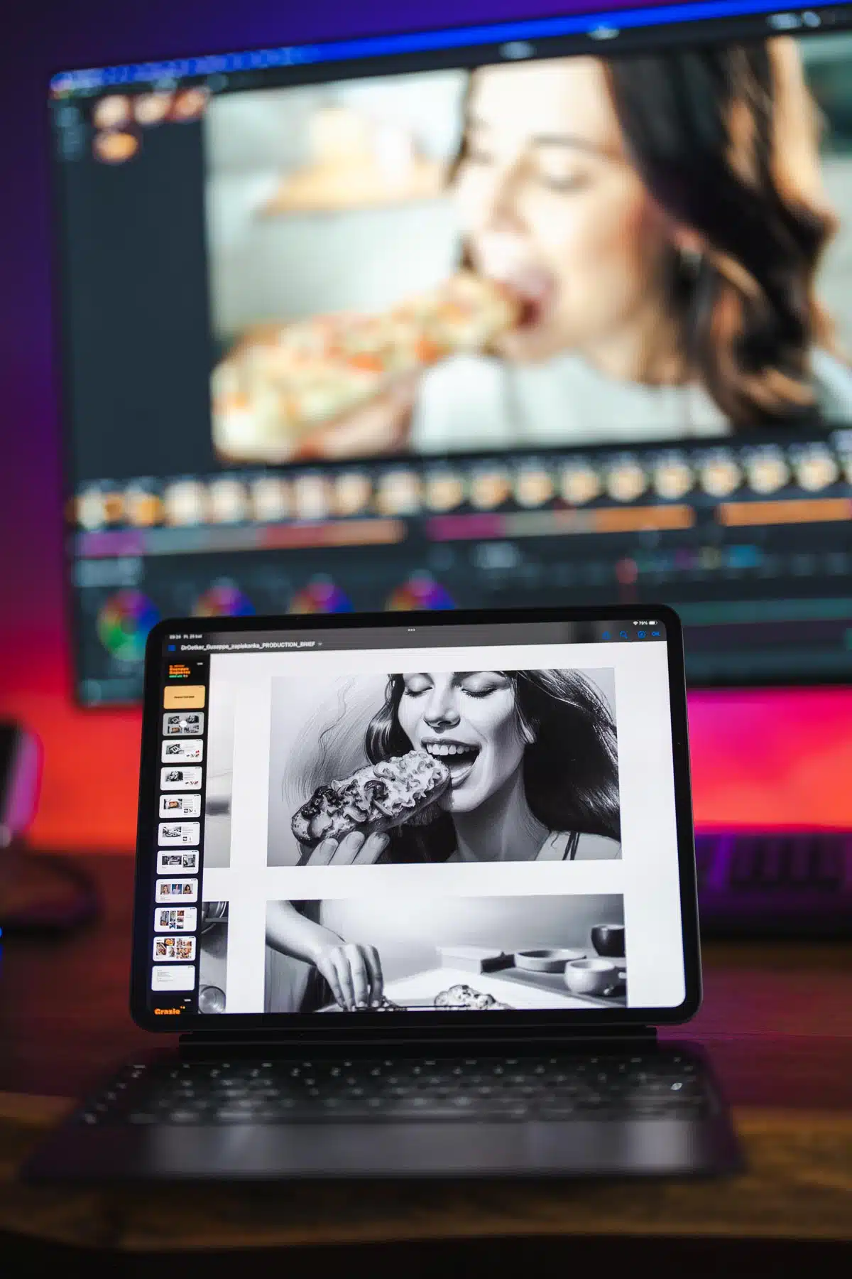 Film reklamowy 2026: AI, UGC czy klasyczna produkcja? 1 Stanowisko post-produkcji spotu komercyjnego: tablet z czarno-białymi kadrami jedzenia, monitor główny z klipu reklamowego, kolorowa timeline edycji wideo, purpurowe oświetlenie studyjne