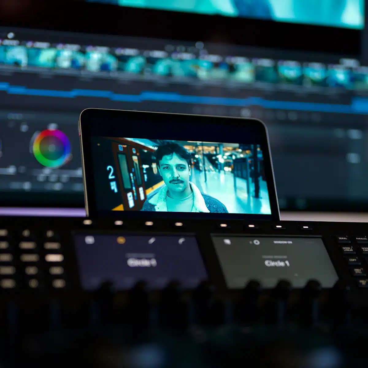 Spójność contentu - obraz dopasowany do marki 1 Kolorystyka materiału filmowego w aplikacji edycji wideo. Tablet wyświetla scenę z mężczyzną w nowoczesnym wnętrzu, za nim monitor z timelinią i paletą kolorów do grading spotu komercyjnego.