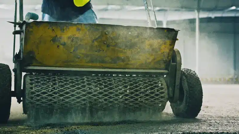 Explainer przed spotkaniem sprzedażowym B2B 7 Zbliżenie maszyny zacierającej świeży beton posadzki