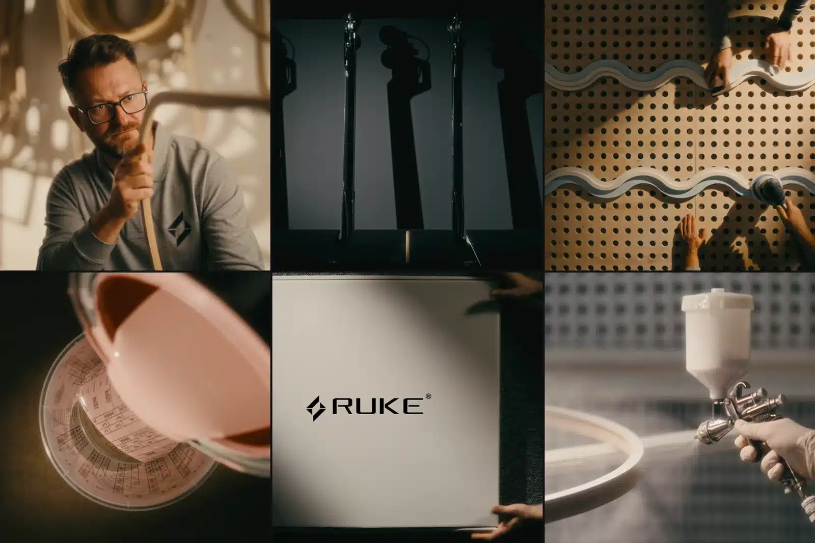 Elementy wizualnej narracji marki premium na Instagramie 1 Sześć kadrów z jednej produkcji dla marki premium Ruke: spójny grading, na przemian detal, człowiek i szeroki plan