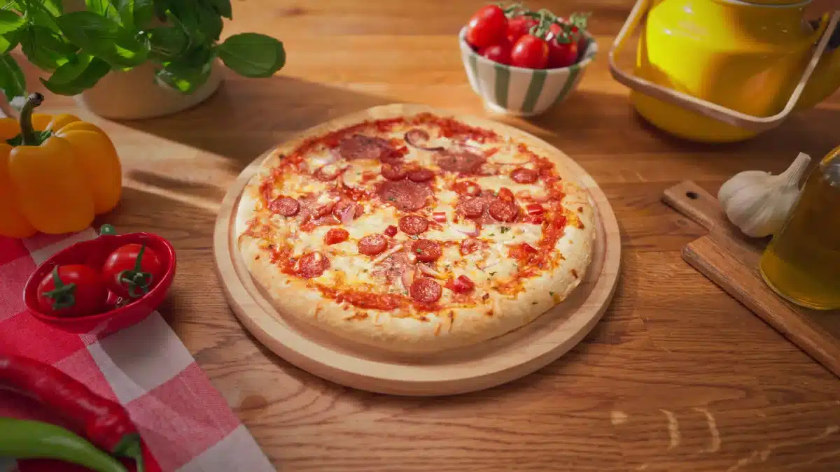 Packshot pizzy pepperoni na drewnianej desce, wokół papryka, pomidory, bazylia i czosnek