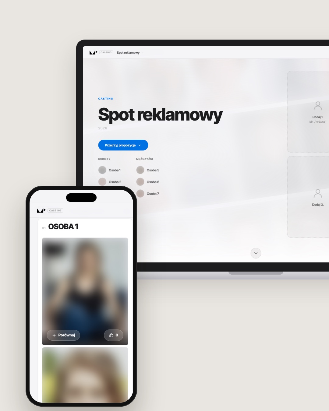 Finał castingu rozstrzygnęły nagrania z telefonu 1 Widok castingu Motion Pikczer na laptopie i telefonie, twarze i imiona kandydatów zakryte