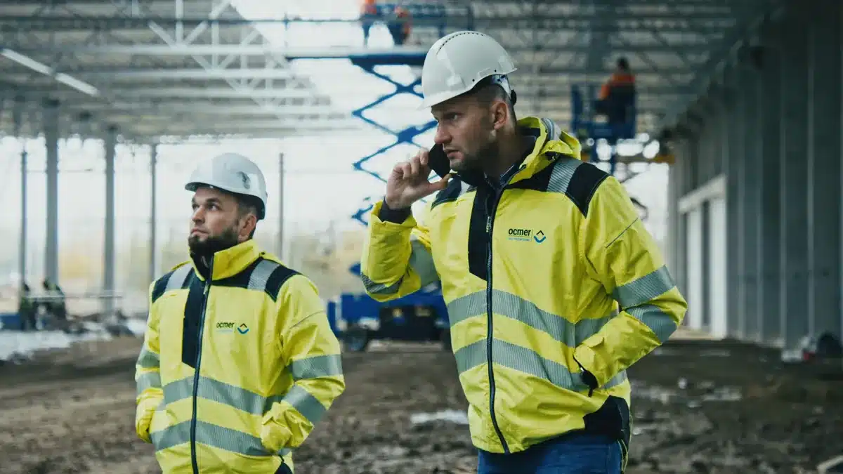 Filmy przemysłowe 6 Kierownicy budowy OCMER w kamizelkach na placu budowy hali przemysłowej