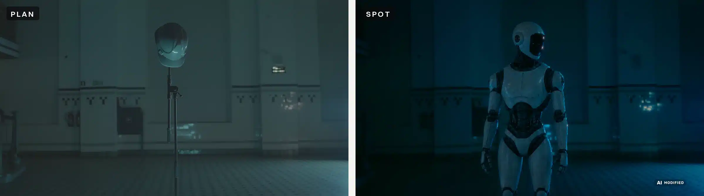 Spot reklamowy AI dla Igrzysk Wolności: kulisy produkcji 2 Ten sam kadr z planu i ze spotu: biały kask na statywie w miejscu robota, obok gotowy robot AI