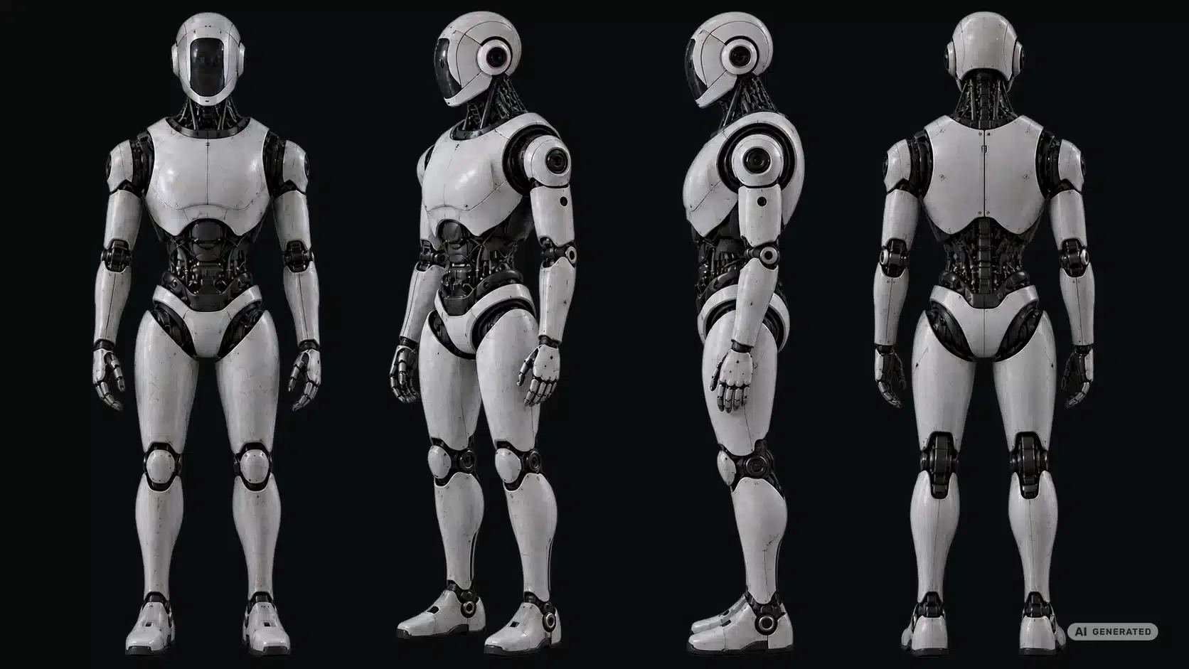 Spot reklamowy AI dla Igrzysk Wolności: kulisy produkcji 3 Arkusz postaci robota ze spotu Igrzysk Wolności: przód, trzy czwarte, profil i tył, oznaczony AI GENERATED