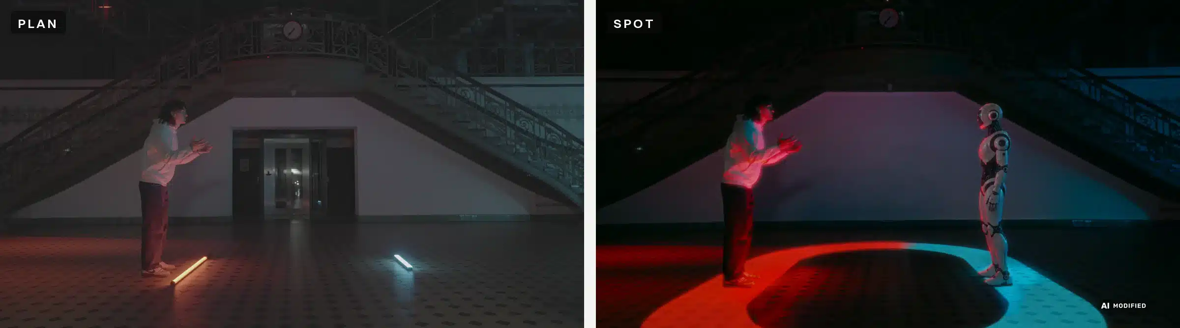 Spot reklamowy AI dla Igrzysk Wolności: kulisy produkcji 4 Ten sam kadr z planu i ze spotu: świetlówki LED na posadzce EC1 zamienione na świetlną arenę, drzwi windy usunięte